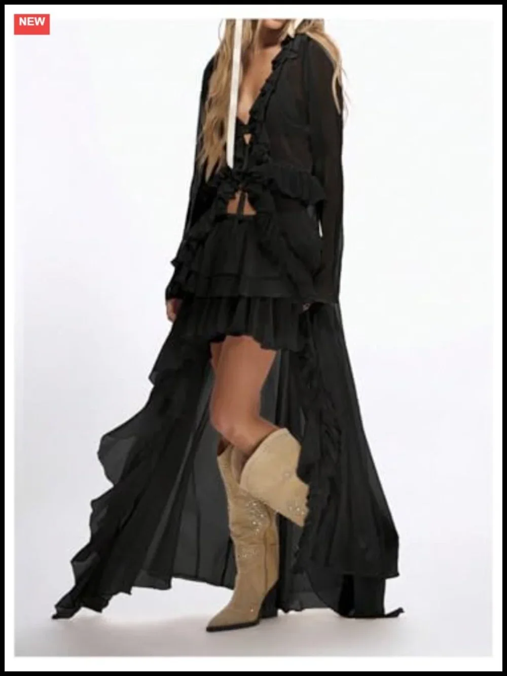 Boho Layered Ruffle Chiffon Maxi Skirt Western Asymmetrical Cowgirl Skirt